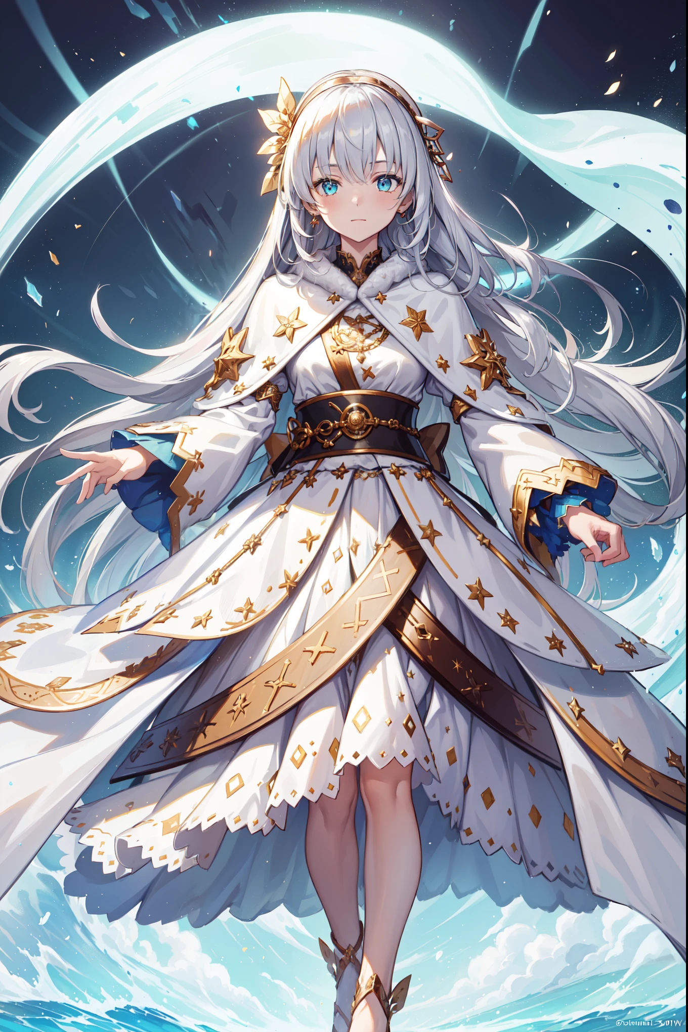 ( This is the best quality ,4K,8K, high resolution, masterpiece :1.2), Super Detailed , girl ,Holy,( silver white hair ), obsessed, Have fun , unique ,blue cloak, brown hairband, cloak, dress, fur trim, hairband, royal robe, sash, tachi-e, white dress, wide sleeves,anastasia
