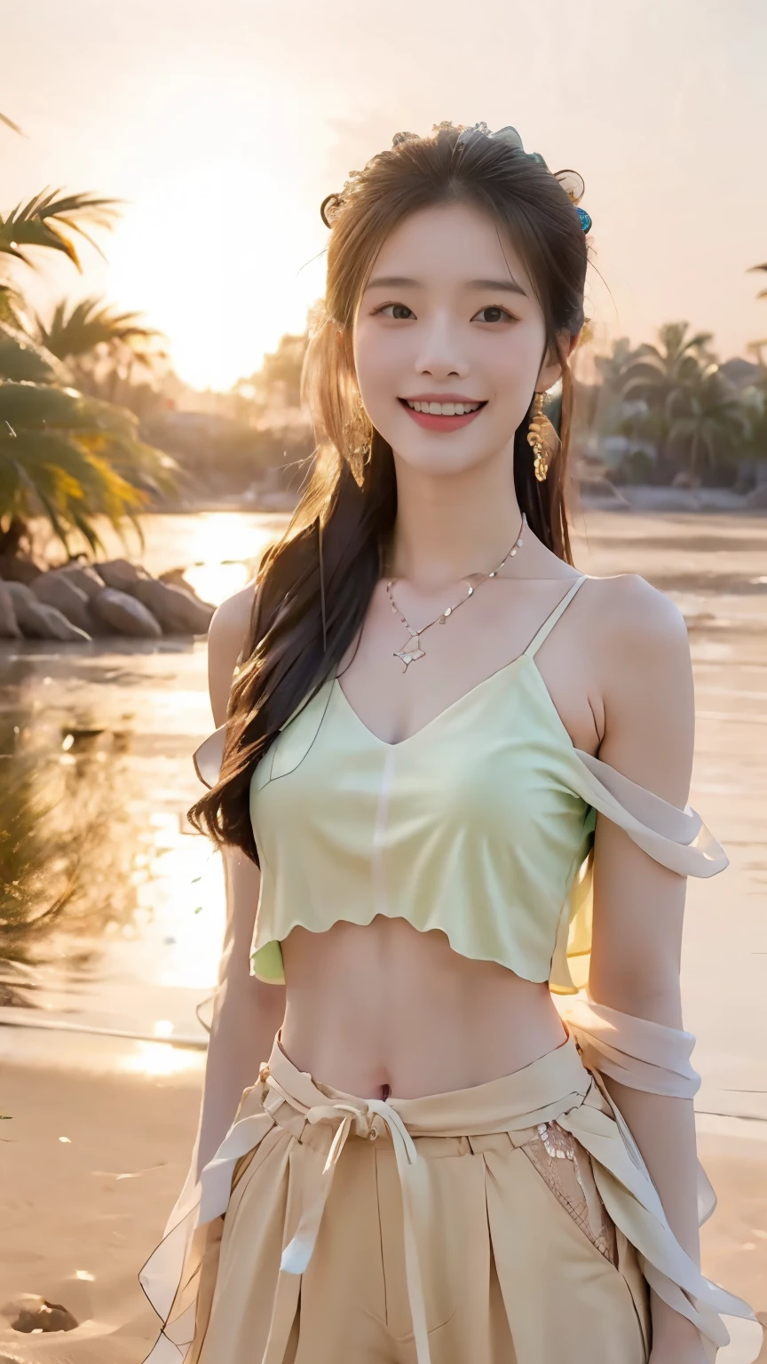 tight belly dance costume、Sheath Roof-Rilly Skirt、8k、Beautiful and realistic details、A little sweaty smile、boost mood、Underarm、slippery chest、Thin thighs、Gentle features、9-year-old girl、