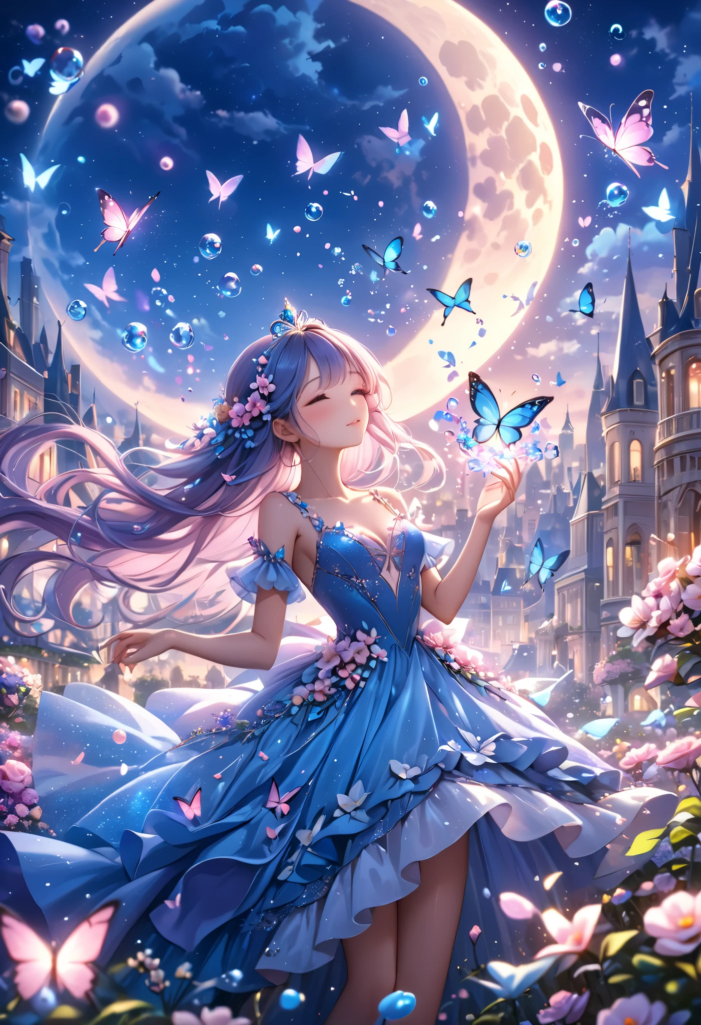  Flower Extravaganza ,  girl , ((Princess)), lush hair,  Beautiful Azure Dress, ( Perfect anatomy), Many Flying  (butterflies),  Bubble Magic ,  Very Beautiful Picture ,  Background Flower Field , moon, City seen ,  Complex details , ( Best quality ),  maximum details ,  masterpiece , 8 k,  Maximum Quality ,