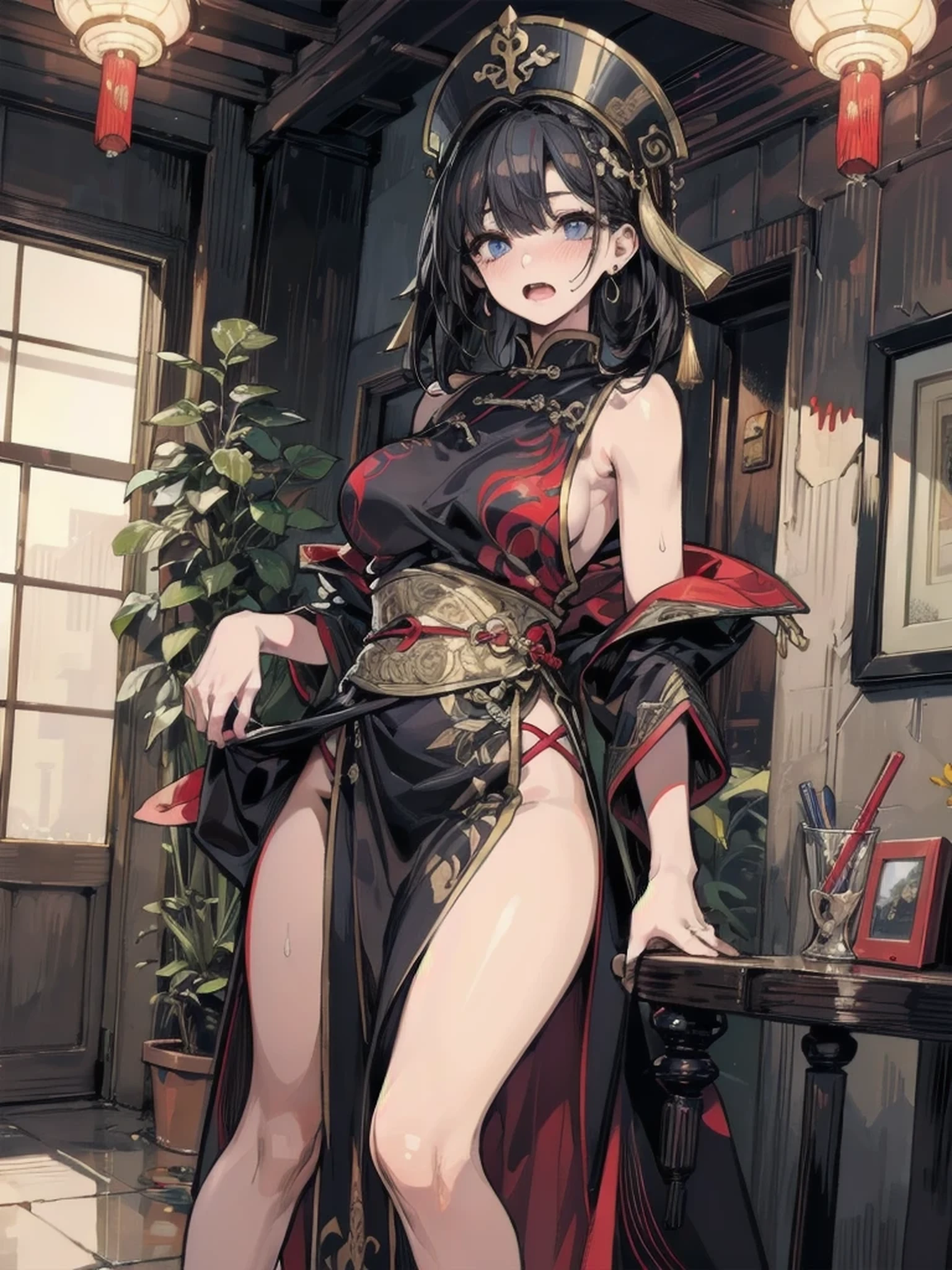 (masterpiece, best quality: 1.2), traditional Chinese ink painting, black hair, brown eyes, huge breasts: 1.5, holding breasts: 1.4, Oversized dress :1.5, Couch, Ultra-detailed face, Detailed eyes, Double eyelid, sfw ,emphasizing slender abs :1.3,