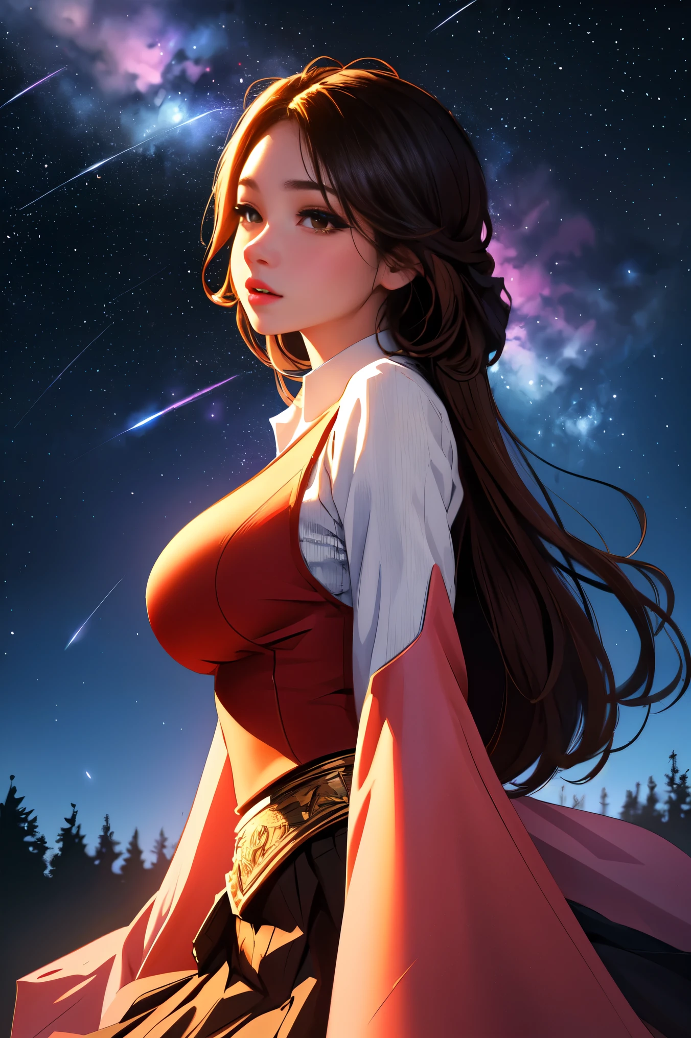 ( Extremely Detailed CG Unity 8K Wallpaper , masterpiece,  top quality,  Ultra Detailed,  vest shadow),  one beautiful girl , dark maroon long hair ,  beautiful brown eyes, Beautiful pink lips,  beautiful detailed face  ,  Big Breasts ,  anatomically accurate and beautiful figure,  High Contrast ,  long-sleeved blouse , flowing long skirt, Best lighting,  very delicate and beautiful ,  Dynamic Angle ,  Beautiful Detailed Sparkle, whole body,  ( detailed background), Forest of Trees , Night Sky,  starry sky , nebula,  shooting stars, Detailed animated illustration art including backgrounds, 