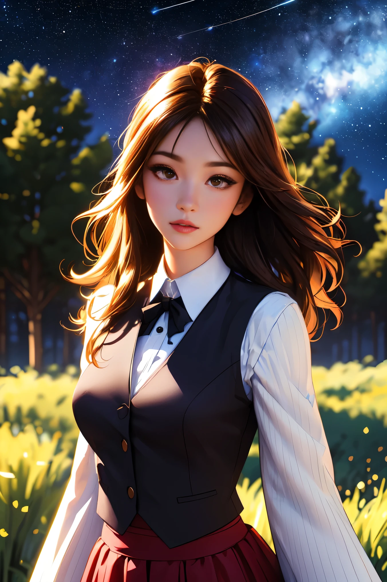 ( Extremely Detailed CG Unity 8K Wallpaper , Masterpiece ,  top quality,  Ultra Detailed,  vest shadow),  one beautiful girl , dark maroon long hair ,  beautiful brown eyes, Beautiful pink lips,  beautiful detailed face  , Mid-chest,  anatomically accurate and beautiful figure,  High Contrast ,  long-sleeved blouse , flowing long skirt, Best lighting,  very delicate and beautiful ,  Dynamic Angle ,  Beautiful Detailed Sparkle, whole body,  ( detailed background), Forest of Trees , Night Sky,  starry sky , nebula,  shooting stars, Detailed animated illustration art including backgrounds, 