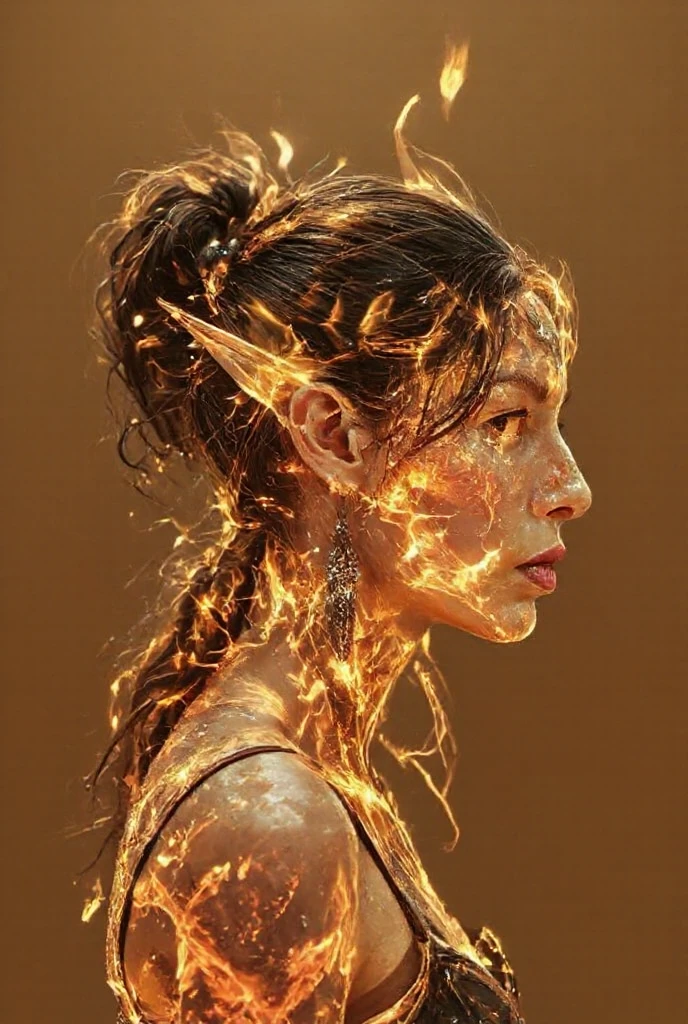 a young woman with fiery skin, isolated on a dark background, 4K resolution, ultra-detailed, photorealistic, dramatic lighting, cinematic, fantasy, digital art