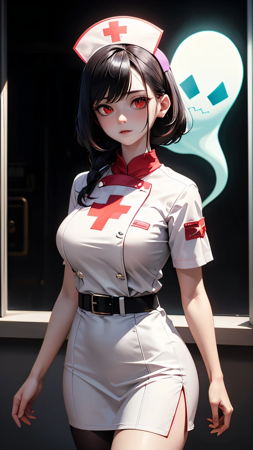  1 girl ,  high definition , masterpiece,  anatomically correct,  Receives Many Awards ,  top quality,  very detailed , Jet black hair,Transparent Hair,chest,  Hide Ears ,((( pale skin))), Glowing red eyes,  nurse cap , Nurse uniform,(((Ghost Girl))), 8k octane , Artistic,  super detailed, night,Normal ear, dynamic pose with bumblebees, pitch-dark room ,