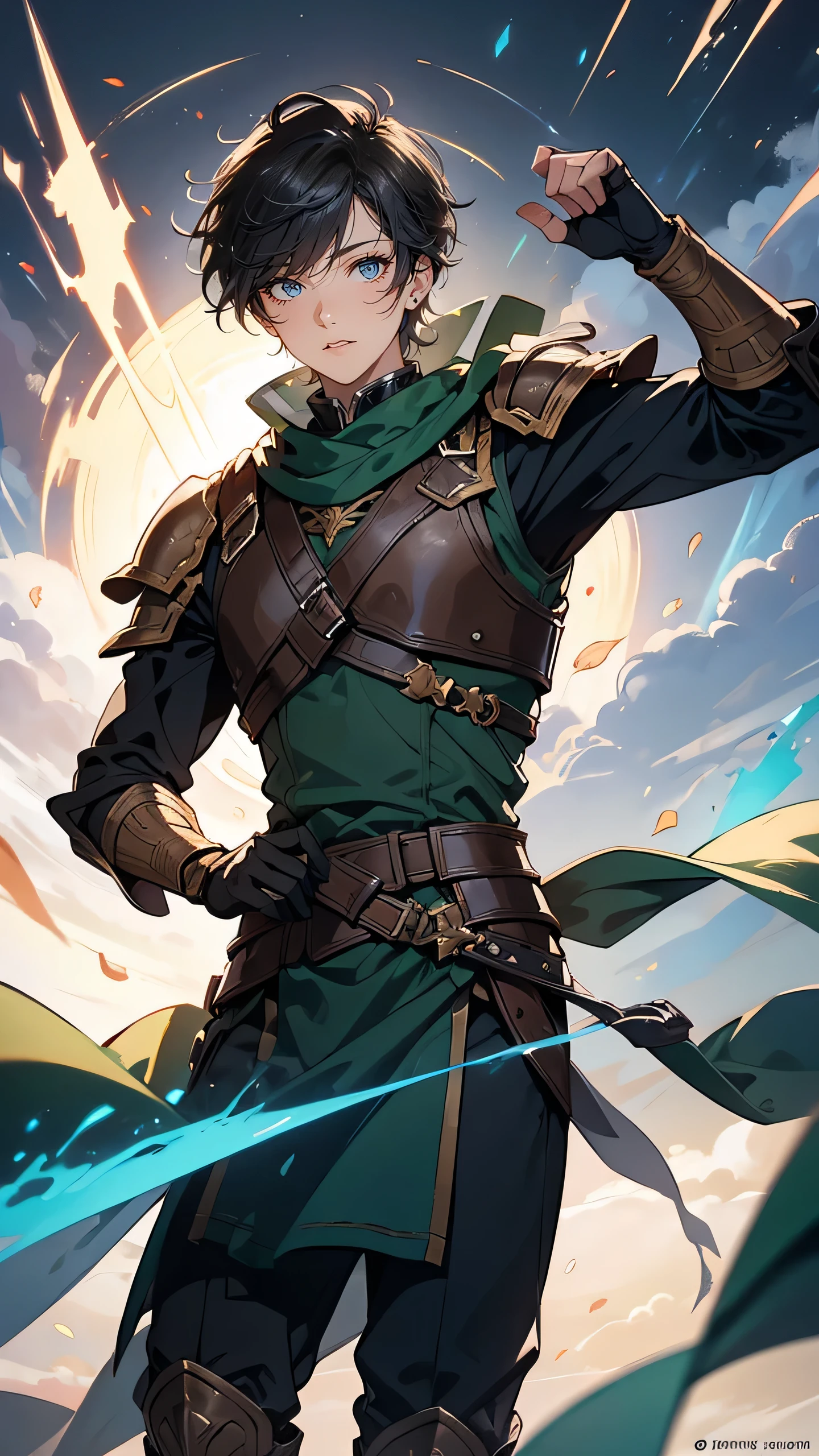 An masterfully crafted and intricate fantasy portrait depicting an rugged and determined middle-aged male elf ranger, clad in earthy tones, sporting vibrant green hair, wielding a bow and arrow with fierce precision, and holding a short sword with a determined gaze fixed upon his target.
