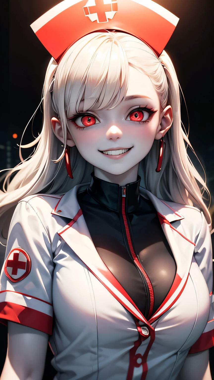  1 girl ,  high definition , masterpiece,  anatomically correct,  Receives Many Awards ,  top quality,  very detailed ,  pure white hair,Transparent Hair,chest,  Hide Ears ,((( pale skin))),Grin, Glowing red eyes,  nurse cap , Nurse uniform,(((Ghost Girl))), 8k octane , Artistic,  super detailed, night,Normal ear, dynamic pose with bumblebees,