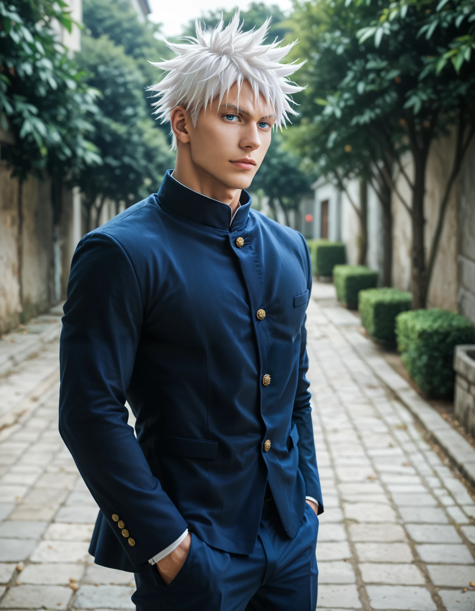 Full Body Portrait, Jujutsu Kaisen, realistic, Gojou Satoru, 1boy, Solo, Looking at viewer, Handsome, Sexy Man, Sensual, Handsome, Sexy Man, Sensual, Blue Eyes, White Hair, Short Hair, Spiked Hair, Hair Between Eyes, Tall, Lean, Muscular, Toned Chest, Pale-Tanned Skinned, ((black jacket, pants)), standing, outdoor, realistic, Masterpiece, 4K, Best Quality, High Resolution, Accurate, Award Winning, (SuperQuality:1.0) ~ (SuperQuality:1.2)