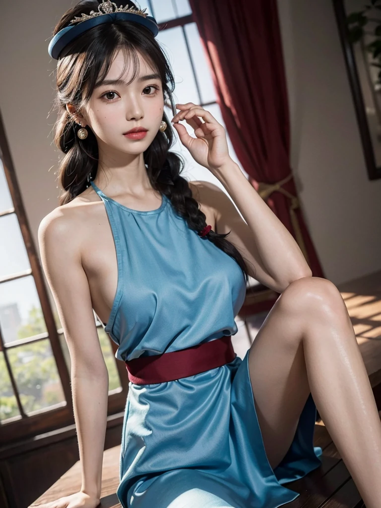 Rinoa, Blue Duster, Blue wristband, Holding a necklace, Portrait body, an unparalleled masterpiece, Ultra-realistic 8k CG, perfect artwork, clean, beautiful face, pure face, white skin, intricate details, Prestige, nice, luxury, Fancy Ballroom, hound