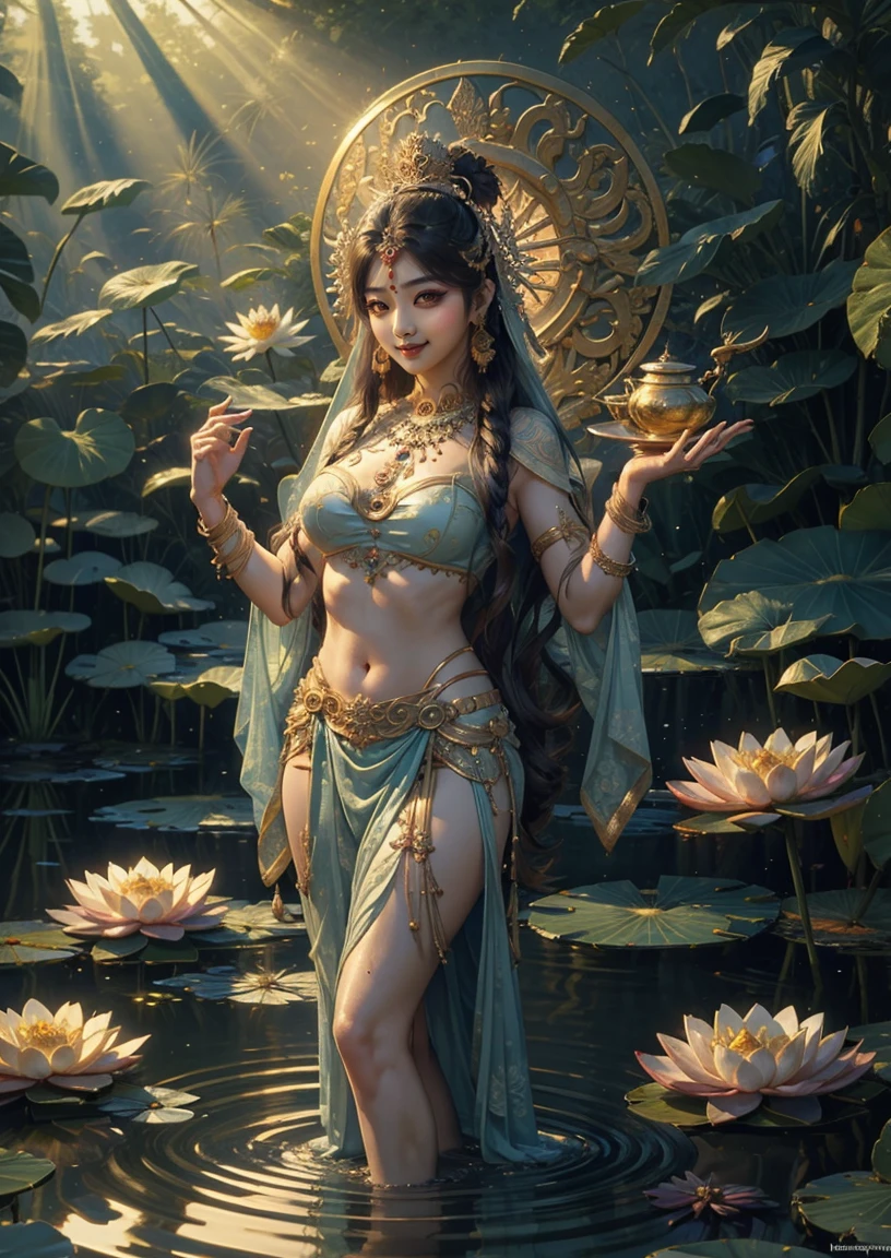 Saraswati devi,feminine, beautiful, slender, large breasts, wide hips, crown on head, black hair, gold ornaments, wearing a white transparent silk saree, book in hand, lotus pond in the background, swan in background, front view, full body, graceful, realistic, light effects, by Boris Vallejo, Frank frazetta, Louis royo