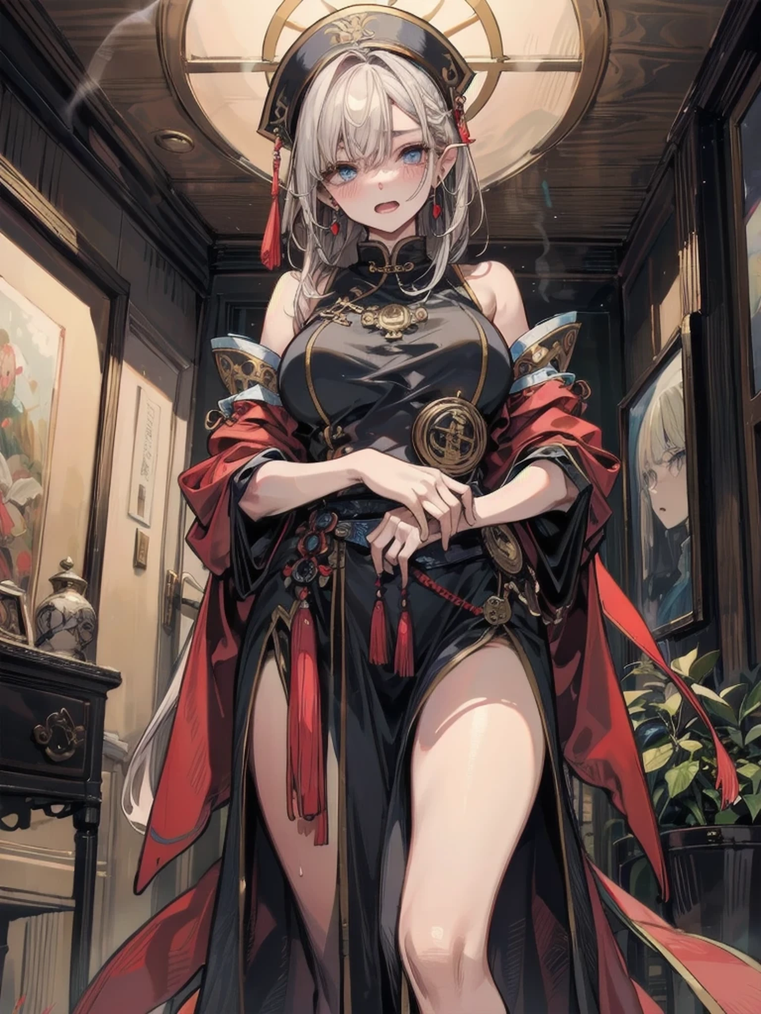 ((masterpiece,ultra-detailed, intricate details, best quality,illustration)),1girl,sword,chinese clothes, ,china dress, chinese style,ribbon,((nsfw,rope,bondage)),white hair,between legs