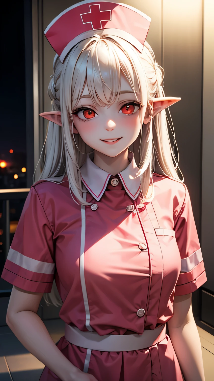  1 girl ,  high definition , masterpiece,  anatomically correct,  Receives Many Awards ,  top quality,  very detailed ,  pure white hair,Transparent Hair,chest,  Hide Ears , white skin without blood,I smile when I have pale skin,  fuzzy expression , Glowing red eyes,  nurse cap , Nurse uniform,Ghost Girl, 8k octane , Artistic,  super detailed, night,Creepy,