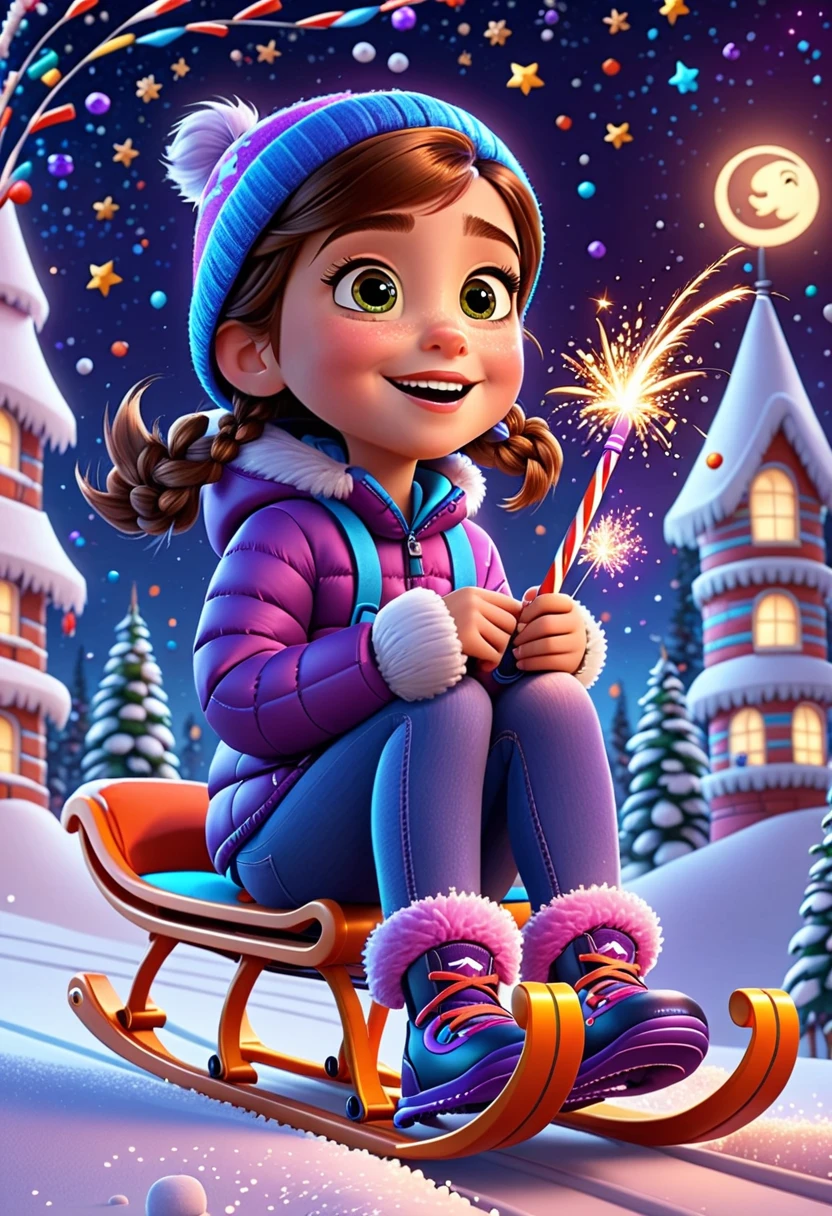  Cartoon Style , Pixar,  girl , sled, Winter Slides , Fun, Joy, stars, Night, sparklers , moon,  Pillars Glow , ( snow ), bright colors,  Best quality ,  Complex details ,  Maximum Quality , 8 k, 