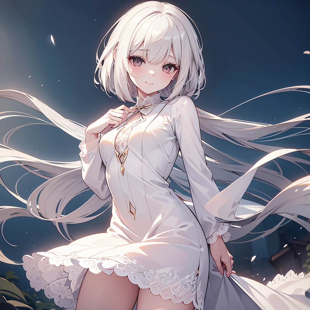  sunny day,  Graceful Picture Of A Girl In A Blazer Dress, (Swollen eyes:1.05), (White lace shirt),  platinum blonde hair, (Angled Bob:1.4),  flat bangs, ( flowing hair ),   Smile ,  happy , happiness,  high-detail skin , Skin pores,  stunning innocent symmetrical face,  has long eyelashes, Black eyeliner, Light Gold Eyeshadow,( cm apart),  crossed _foot, Emotional, wind, Park, tree々, glass,   masterpiece on penis ,  top quality,  photorealistic,