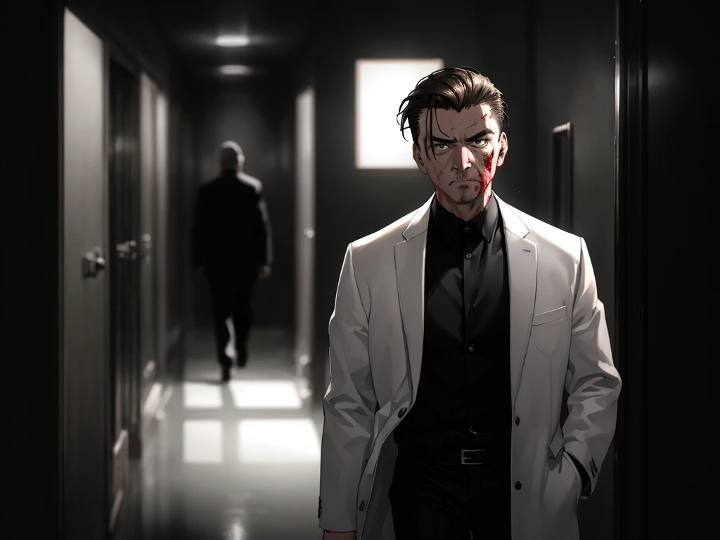 (glaring, scowl, disdain, parted lips), 1 male, (upper body), black eyes, ((sanpaku)), ((hair slicked back)), (dark brown hair), (white coat with bloodstain), ((black pants)), cinematic lighting, dramatic lighting, Sharp Focus, (Best Quality, masterpiece, detailed, facial focus), ((in the dark room, gray tone background)), old man, elderly, ((walking to viewer))