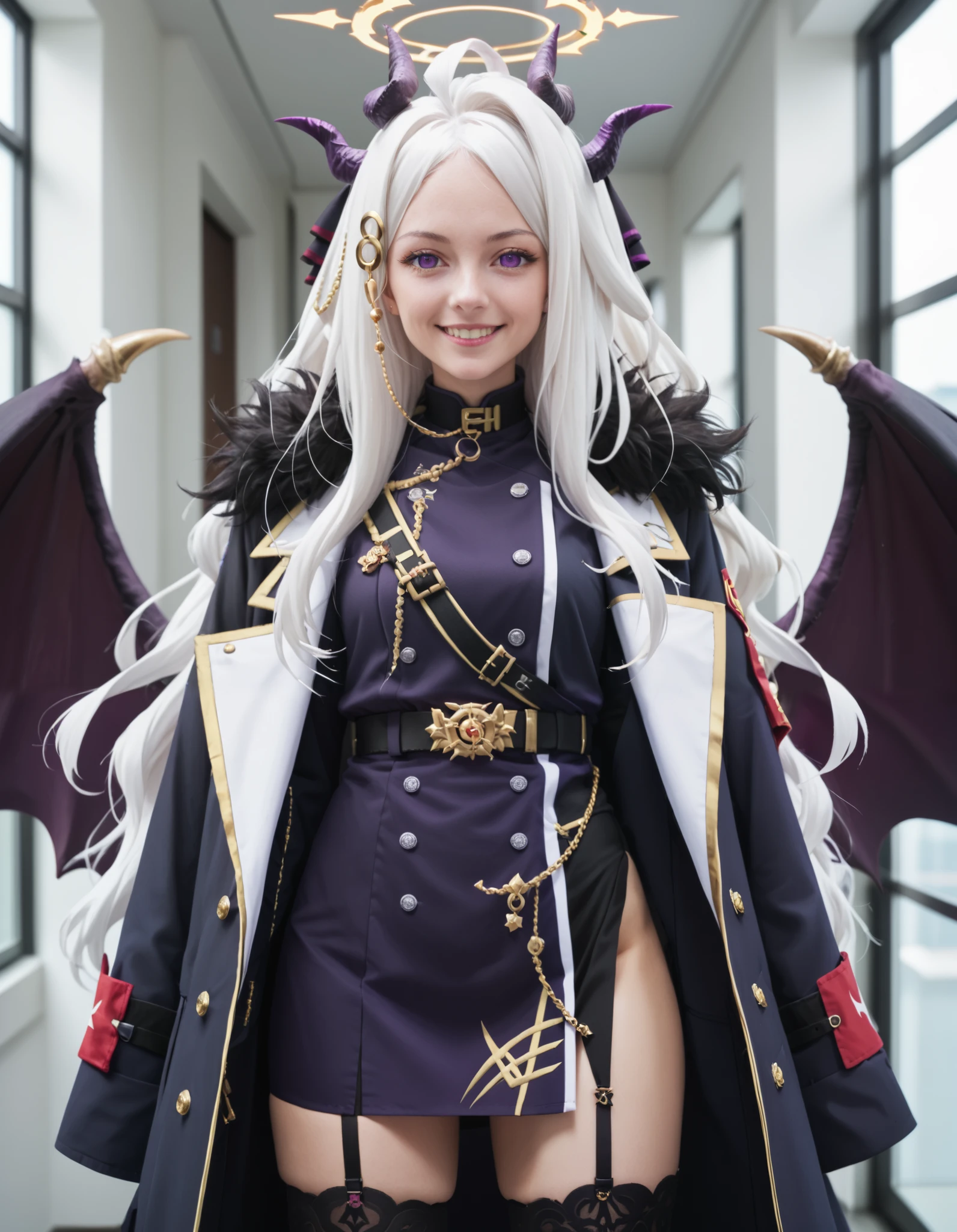 Masterpiece, hd, realistic, hina sorasaki, purple eyes, white hair, halo, ahoge, parted bangs, long hair, very long hair, smile, armband, black gloves, coat, coat on shoulders, demon horns, demon wings, fur collar, gloves, hair ornament, horns, long coat, military uniform, miniskirt, multiple horns, side slit, thighhighs, uniform, wings, indoors, smile,looking at viewer, solo, cowboy shot, indoor