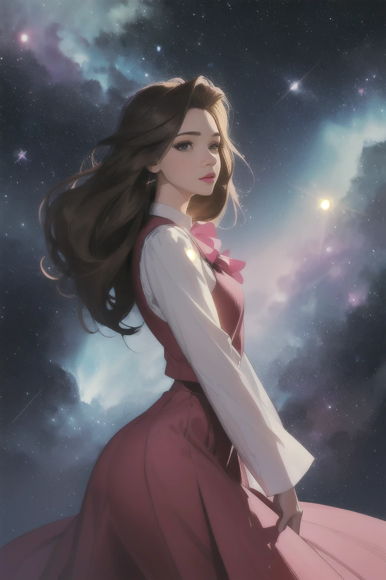 ( Extremely Detailed CG Unity 8K Wallpaper , masterpiece,  top quality,  Ultra Detailed,  vest shadow),  one beautiful girl , dark maroon long hair ,  beautiful brown eyes, Beautiful pink lips,  beautiful detailed face  , Mid-chest,  anatomically accurate and beautiful figure,  High Contrast ,  long-sleeved blouse , flowing long skirt,  looking here, Best lighting,  very delicate and beautiful ,  Dynamic Angle ,  Beautiful Detailed Sparkle, whole body,  ( detailed background), Forest of Trees , Night Sky,  starry sky , nebula,  shooting stars, Detailed animated illustration art including backgrounds, 