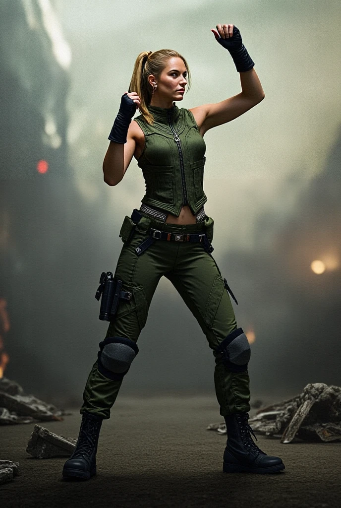 ((masterpiece)) ((photography)) ((Highest quality)) A highly detailed and realistic illustration of Sonya Blade from Mortal Kombat. She is depicted in her iconic military-style outfit, featuring a green tactical vest, black fingerless gloves, and combat boots. Her blonde hair is tied back into a sleek ponytail, and her determined expression shows her readiness for battle. Sonya stands in a dynamic pose, one arm raised in a defensive stance and the other preparing for an energy ring attack. The background features a smoky, post-apocalyptic arena with subtle hints of destruction, adding to the intense and gritty atmosphere.