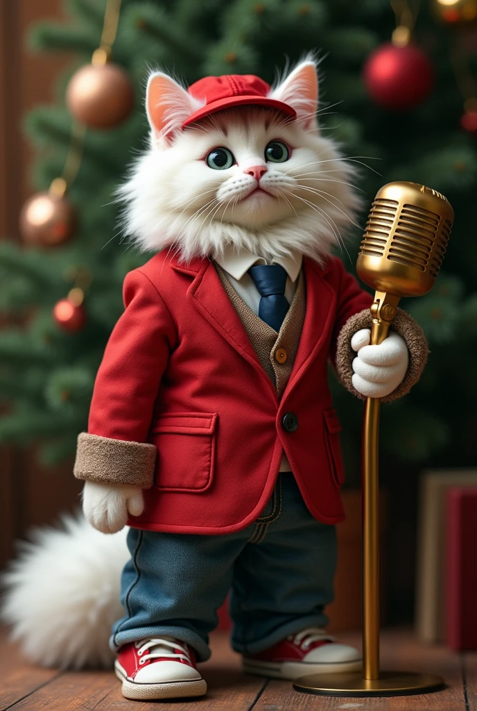 Christmas bright red hat with white music notes, with the inscription "MeowMusic" on the white lapel of the hat, love background