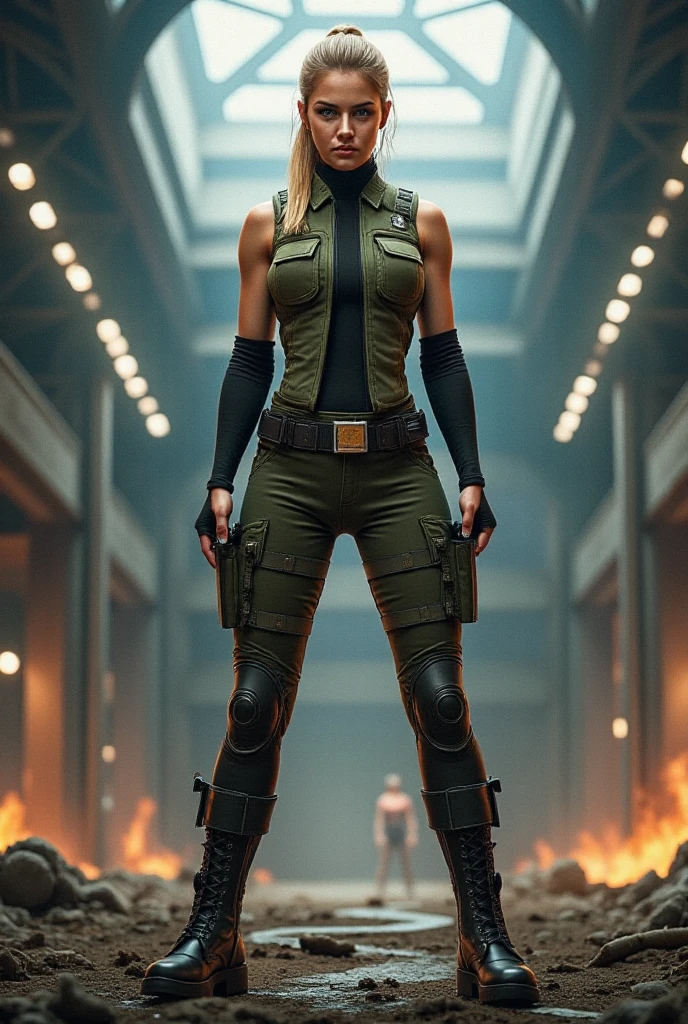 ((masterpiece)) ((photography)) ((Highest quality)) A highly detailed and realistic illustration of Sonya Blade from Mortal Kombat. She is depicted in her iconic military-style outfit, featuring a green tactical vest, black fingerless gloves, and combat boots. Her blonde hair is tied back into a sleek ponytail, and her determined expression shows her readiness for battle. Sonya stands in a dynamic pose, one arm raised in a defensive stance and the other preparing for an energy ring attack. The background features a smoky, post-apocalyptic arena with subtle hints of destruction, adding to the intense and gritty atmosphere.