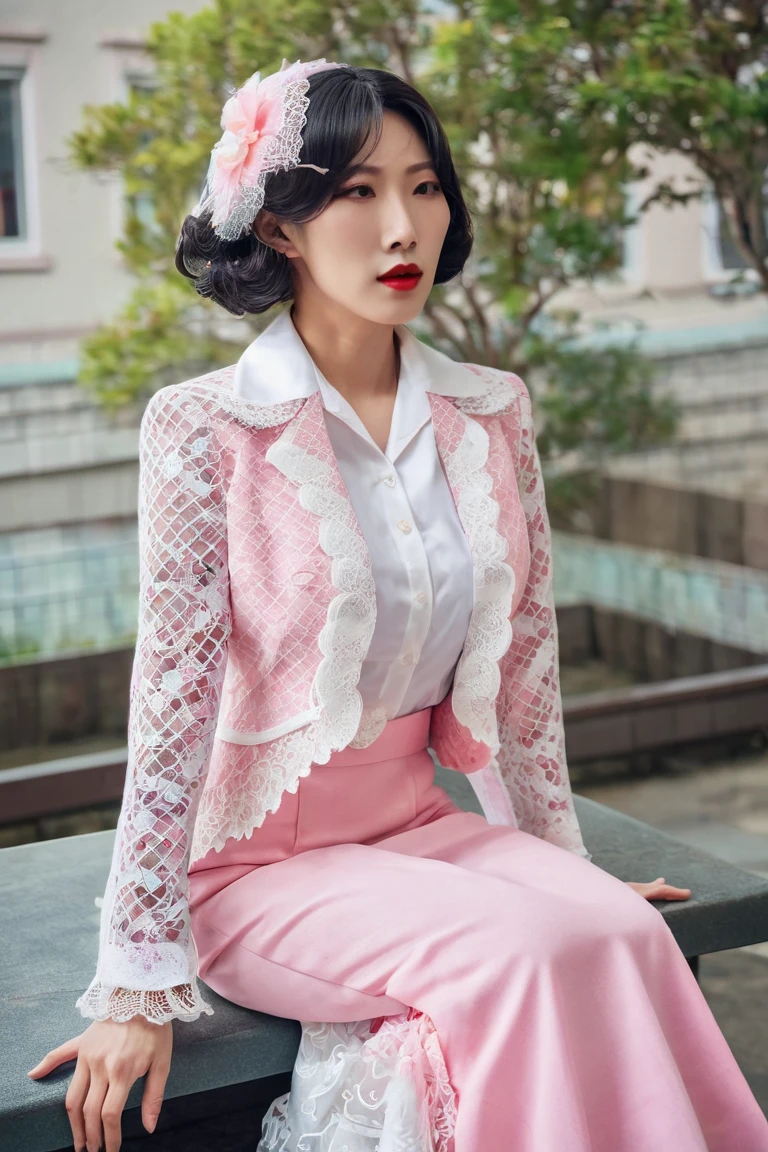 A Korean man in ladies vintage suit dress, he is crossdresser, big breasts like a woman, slender female body, His hairstyle is short and manly, white and pink, long sleeves, Rich lace and frills, cropped jacket, mermaid skirt, tweed, sit quietly