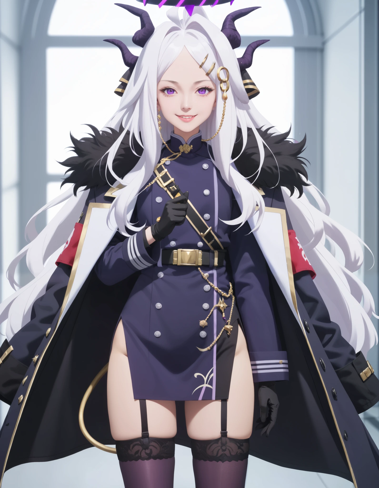 Masterpiece, hd, realistic, hina sorasaki, purple eyes, white hair, halo, ahoge, parted bangs, long hair, very long hair, smile, armband, black gloves, coat, coat on shoulders, demon horns, demon wings, fur collar, gloves, hair ornament, horns, long coat, military uniform, miniskirt, multiple horns, side slit, thighhighs, uniform, wings, indoors, smile,looking at viewer, solo, cowboy shot, indoor