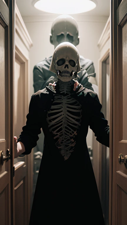 Three skeletons, hands cover eyes, cover ears, covering mouth, Ultra-high-speed photography, realistic hands. [The character is surrounded by mist, evoking a mysterious and eerie atmosphere. The lighting is dark and atmospheric, with smoke adding a touch of sinister ambiance. Best quality image, HDR enhancement, showcasing the utmost level of detail and realism, full body shot:1.5]. [8K, Best Quality, Ultra High Resolution, (highly detailed CG unity 8k wallpaper), (best photo), (best shadows), isometric 3D, octane rendering, ray tracing, highly detailed, (Best quality, 4K, 8k:1.2), absurdity, ultra detailed, (realistic, photorealistic, photorealistic:1.37), complex parts, HDR, (complex parts:1.12), (hyper detailed, hyper realistic, Soft lighting, spicy:1.2), (complex parts, Hyper detailed:1.15). Blurred foreground. (backlit), masterpiece, high quality, brightness, chromatic aberration, foggy smoke, shadows, contrast, clear sky, (warm hue, warm tone), high details, natural reflections].