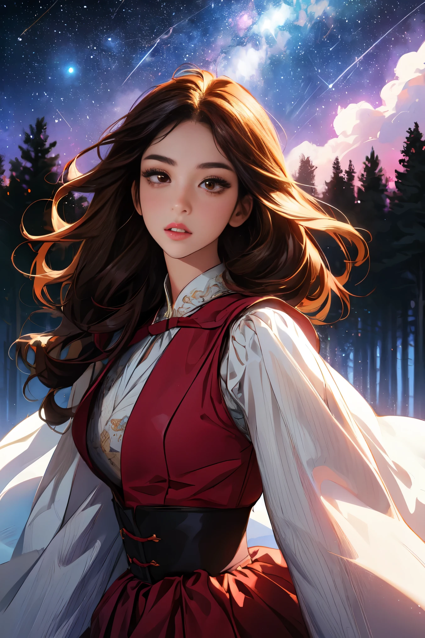 ( Extremely Detailed CG Unity 8K Wallpaper , masterpiece,  top quality,  Ultra Detailed,  vest shadow),  one beautiful girl , dark maroon long hair ,  beautiful brown eyes, Beautiful pink lips,  beautiful detailed face  , Mid-chest,  anatomically accurate and beautiful figure,  High Contrast ,  long-sleeved blouse , flowing long skirt,  looking here, Best lighting,  very delicate and beautiful ,  Dynamic Angle ,  Beautiful Detailed Sparkle, whole body,  ( detailed background), Forest of Trees , Night Sky,  starry sky , nebula,  shooting stars, Detailed animated illustration art including backgrounds, 