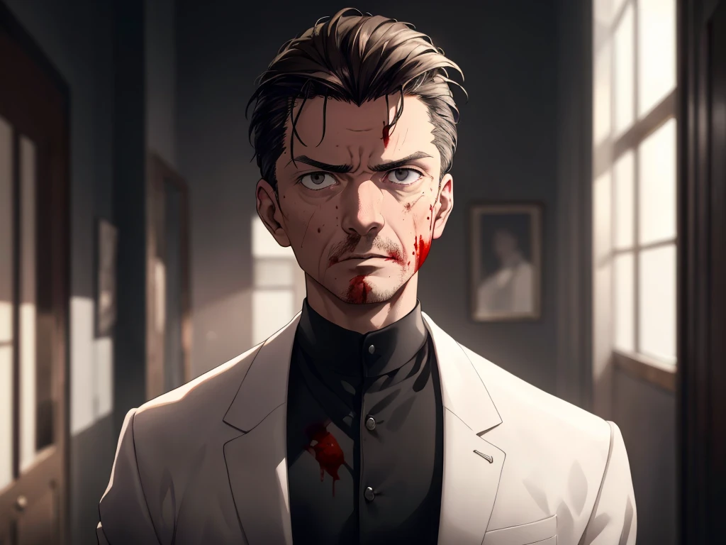 (glaring, scorn), 1 male, (upper body), black eyes, ((sanpaku)), ((hair slicked back)), (dark brown hair), (white coat with bloodstain), cinematic lighting, dramatic lighting, Sharp Focus, (Best Quality, masterpiece, detailed, facial focus), (in the room, gray tone background), [old man, elderly], ((walking to viewer))