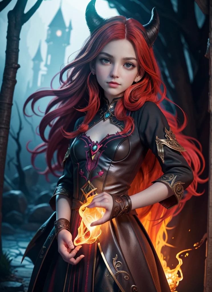 In the midst of a mystical forest shrouded in illusion, A captivating witch with red hair dances gracefully, manipulando chamas que parecem se materializar do nada. Her fire dress spins and flickers with mesmerizing patterns as she weaves an intricate dance of fire and illusion. The forest comes alive with the magical glow of the flames, creating a charming and fascinating spectacle.