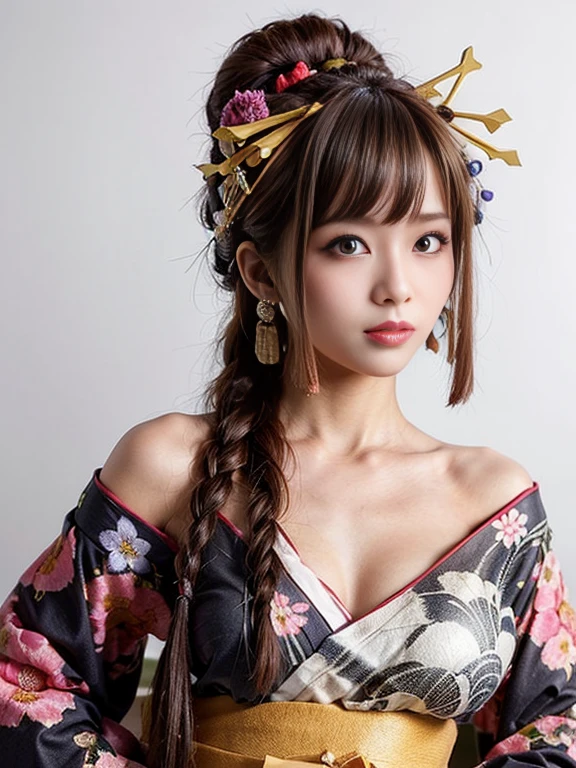 (one young girl), very cute face, wonderful face and eyes, (highly detailed eyes, highly detailed face), Fresh, very beautiful appearance, (Ultra-realistic, High resolution), (highest quality:1.4), RAW photo, (realistic, Photoreal:1.37), professional photography, (floral pattern yukata:1.5), (Open yukata), (cleavage:1.2), (bare shoulders), smile a little, (look at me), Bedroom, girl portrait, A serious anime girl with long, braided white hair and intense violet eyes, dressed in a dark silver and black suit with sharp, angular armor plating. She’s standing with one hand on her hip, her other hand resting on a futuristic weapon holstered at her side. White background. straight to camera pose. looking straight into camera.