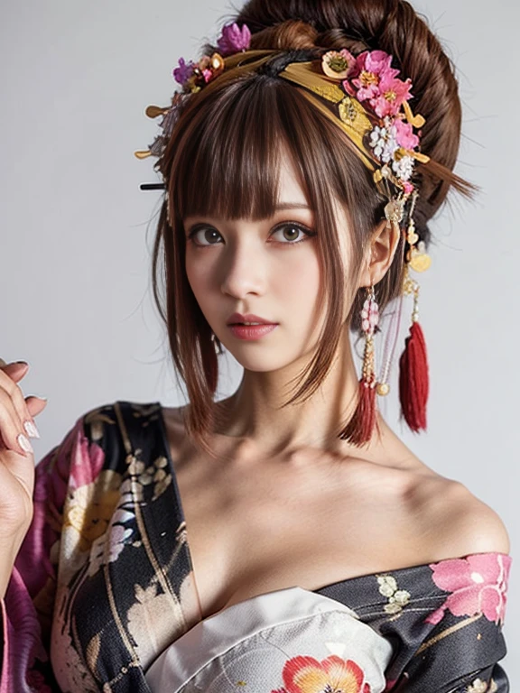 (one young girl), very cute face, wonderful face and eyes, (highly detailed eyes, highly detailed face), Fresh, very beautiful appearance, (Ultra-realistic, High resolution), (highest quality:1.4), RAW photo, (realistic, Photoreal:1.37), professional photography, (floral pattern yukata:1.5), (Open yukata), (cleavage:1.2), (bare shoulders), smile a little, (look at me), Bedroom, girl portrait, A serious anime girl with long, braided white hair and intense violet eyes, dressed in a dark silver and black suit with sharp, angular armor plating. She’s standing with one hand on her hip, her other hand resting on a futuristic weapon holstered at her side. White background. straight to camera pose. looking straight into camera.