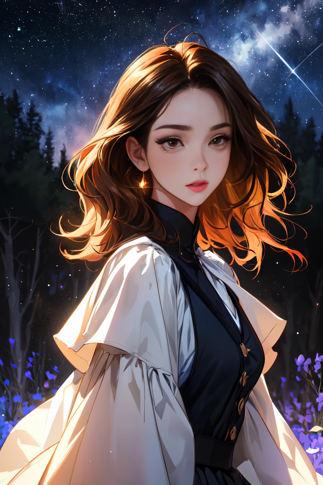 ( Extremely Detailed CG Unity 8K Wallpaper , masterpiece,  top quality,  Ultra Detailed,  vest shadow),  one beautiful girl , dark maroon long hair ,  beautiful brown eyes, Beautiful pink lips,  beautiful detailed face  , Mid-chest,  anatomically accurate and beautiful figure,  High Contrast ,  long-sleeved blouse , flowing long skirt,  looking here, Best lighting,  very delicate and beautiful ,  Dynamic Angle ,  Beautiful Detailed Sparkle, whole body,  ( detailed background), Forest of Trees , Night Sky,  starry sky , nebula,  shooting stars, Detailed animated illustration art including backgrounds, 