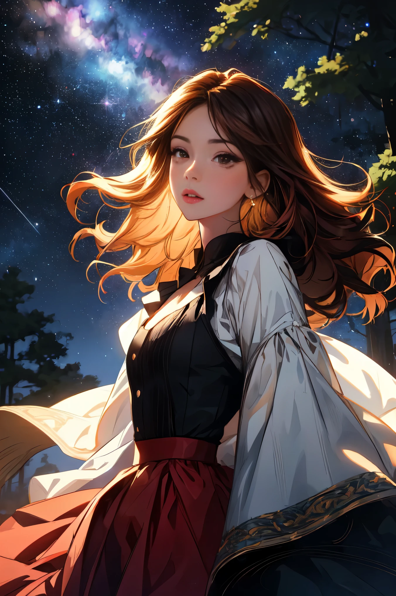 ( Extremely Detailed CG Unity 8K Wallpaper , Masterpiece ,  top quality,  Ultra Detailed,  vest shadow),  one beautiful girl , dark maroon long hair ,  beautiful brown eyes, Beautiful pink lips,  beautiful detailed face  , Mid-chest,  anatomically accurate and beautiful figure,  High Contrast ,  long-sleeved blouse , flowing long skirt,  looking here, Best lighting,  very delicate and beautiful ,  Dynamic Angle ,  Beautiful Detailed Sparkle, whole body,  ( detailed background), Forest of Trees , Night Sky,  starry sky , nebula,  shooting stars, Detailed animated illustration art including backgrounds, 