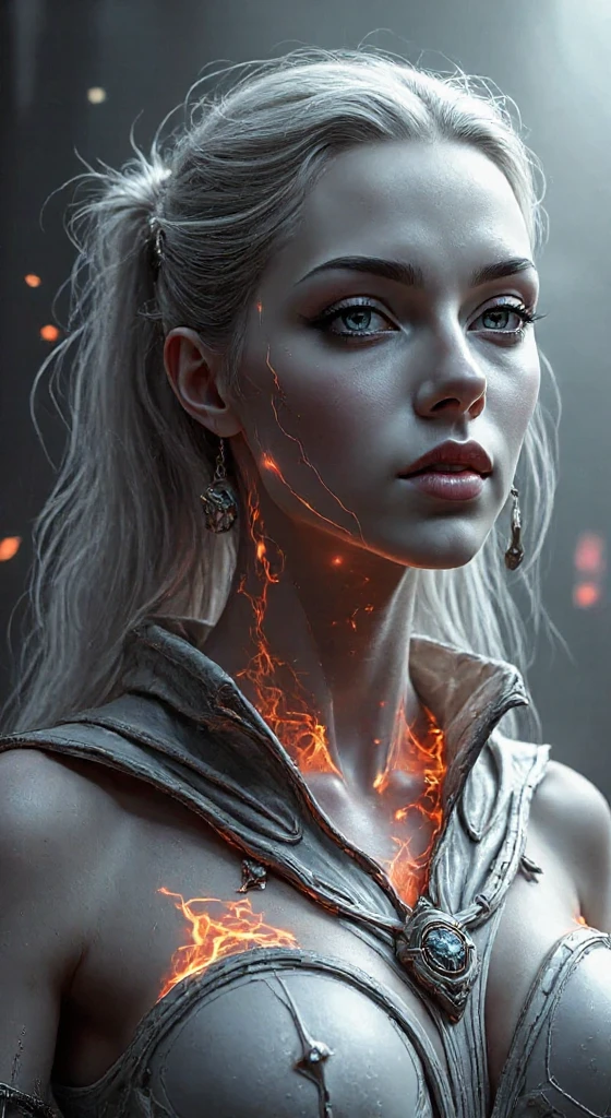 a young woman with fiery skin, isolated on a dark background, 4K resolution, ultra-detailed, photorealistic, dramatic lighting, cinematic, fantasy, digital art