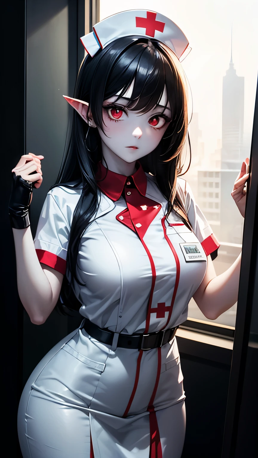  1 girl ,  high definition , masterpiece,  anatomically correct,  Receives Many Awards ,  top quality,  very detailed , Jet black hair,Transparent Hair,chest,  Hide Ears ,((( pale skin))), Glowing red eyes,  nurse cap , Nurse uniform,(((Ghost Girl))), 8k octane , Artistic,  super detailed, night,Normal ear, dynamic pose with bumblebees, pitch-dark room , backlit,