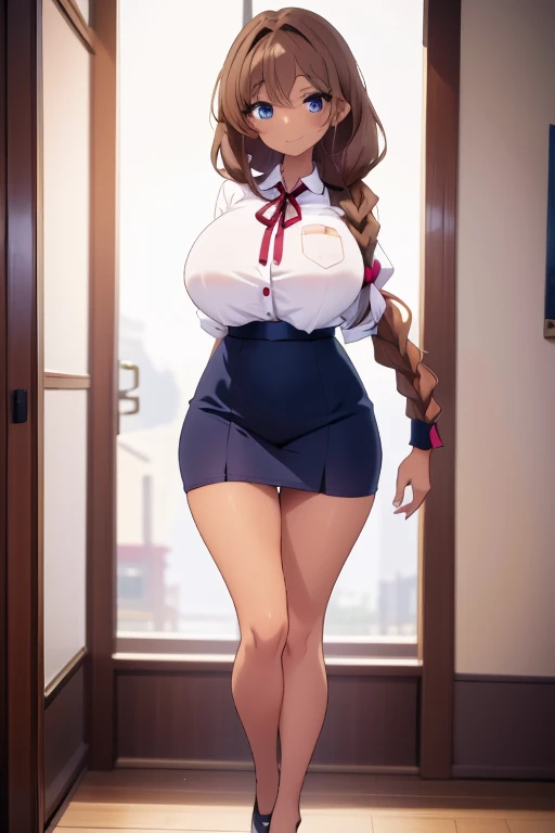 1 girl, riser, ((White school uniform)), red bow tie, ((blush:1.2)), huge breasts, Naughty big breasts, black mini skirt, ((long slender legs)), ((thin waist)), thighs, beret, cowboy shot, Beautiful woman, pretty face, squint your eyes,  Curvaceous, embarrassing, sexy pose