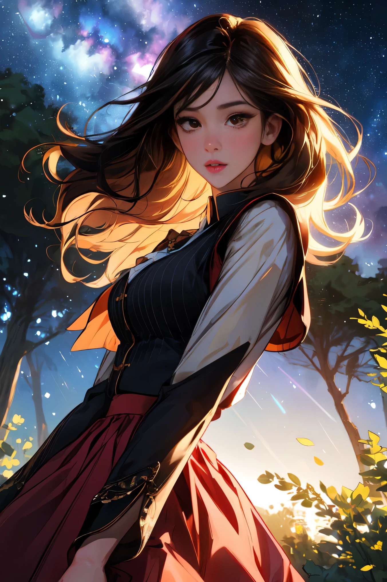 ( Extremely Detailed CG Unity 8K Wallpaper , Masterpiece ,  top quality,  Ultra Detailed,  vest shadow),  one beautiful girl , dark maroon long hair ,  beautiful brown eyes, Beautiful pink lips,  beautiful detailed face  ,  Big Breasts ,  anatomically accurate and beautiful figure,  High Contrast ,  long-sleeved blouse , flowing long skirt,  looking here, Best lighting,  very delicate and beautiful ,  Dynamic Angle ,  Beautiful Detailed Sparkle, whole body,  ( detailed background), Forest of Trees , Night Sky,  starry sky , nebula,  shooting stars, Detailed animated illustration art including backgrounds, 