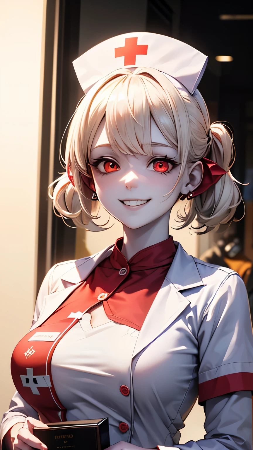  1 girl ,  high definition , masterpiece,  anatomically correct,  Receives Many Awards ,  top quality,  very detailed ,  pure white hair,Transparent Hair,chest,  Hide Ears ,((( pale skin))),Grin, Glowing red eyes,  nurse cap , Nurse uniform,(((Ghost Girl))), 8k octane , Artistic,  super detailed, night,Normal ear, dynamic pose with bumblebees,