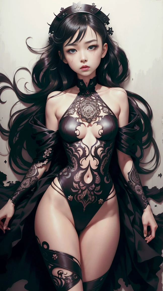 Create an extravagant full-body portrayal of a woman in Gothic style, emphasizing the "woman" theme. The design should feature Gothic elements such as lace, ribbons, and Victorian details, showcasing an elegant and intricate style. Utilize a color palette of black, white, and pastel tones to capture the unique Gothic aesthetic. The design must be eye-catching, with the woman centered in the image against a white background. She should fit well within the space, ensuring she does not touch the edges of the canvas. No text should be included in the image.