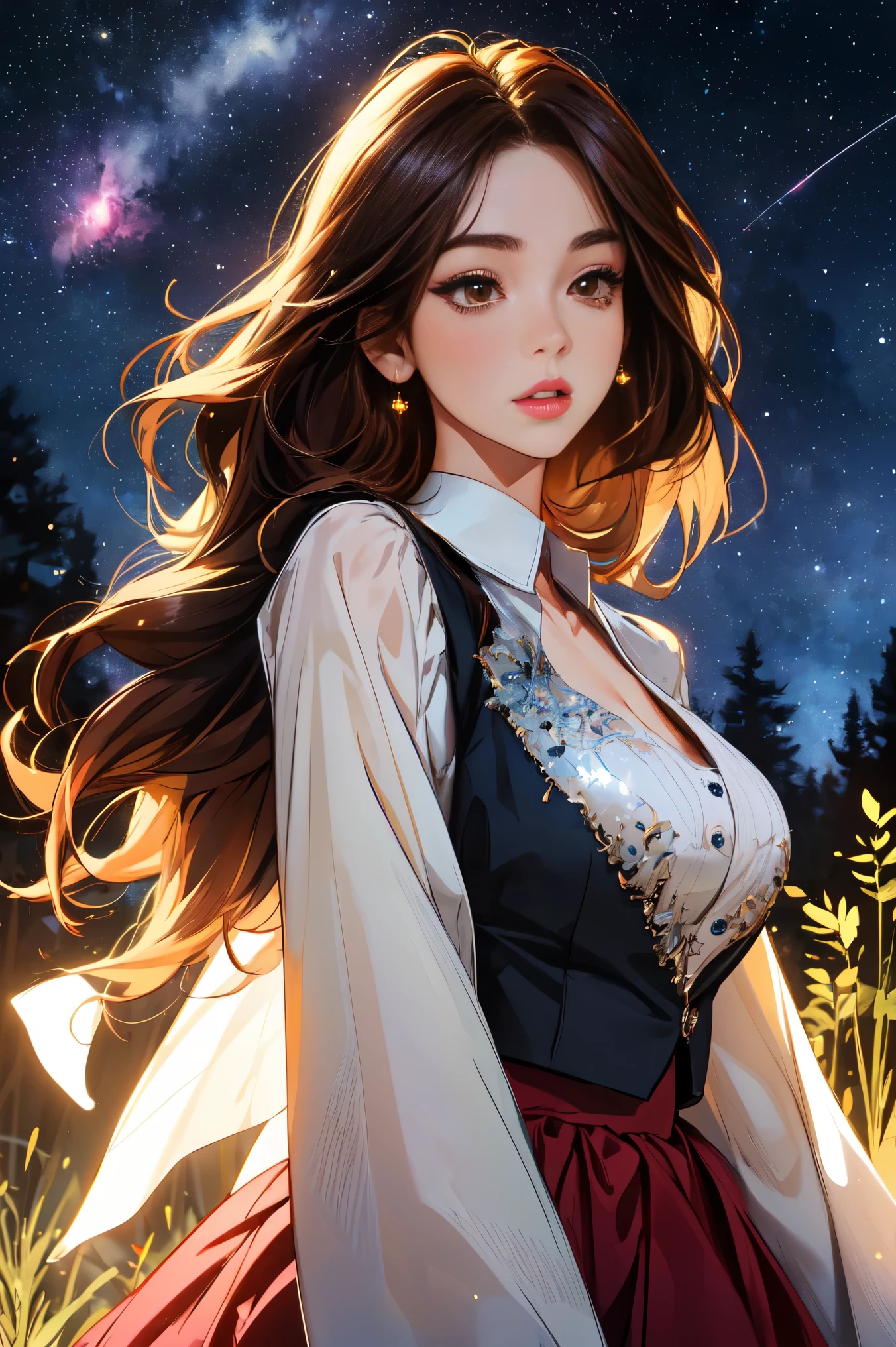 ( Extremely Detailed CG Unity 8K Wallpaper , Masterpiece ,  top quality,  Ultra Detailed,  vest shadow),  one beautiful girl , dark maroon long hair ,  beautiful brown eyes, Beautiful pink lips,  beautiful detailed face  ,  Big Breasts ,  anatomically accurate and beautiful figure,  High Contrast ,  long-sleeved blouse ,  flowing long skirt,  looking here, Best lighting,  very delicate and beautiful ,  Dynamic Angle ,  Beautiful Detailed Sparkle, whole body,  ( detailed background), Forest of Trees , Night Sky,  starry sky , nebula,  shooting stars, Detailed animated illustration art including backgrounds, 