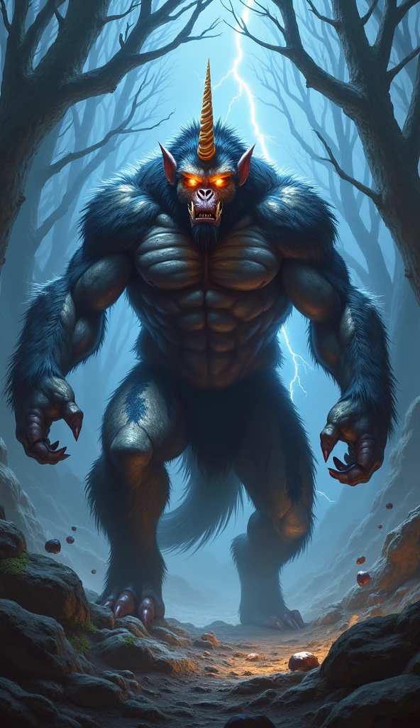 , by Bonifasko, anthro, solo, mighty, strong, powerful, enormous muscles, muscular body, minotaur, mesomorph, waist is very slim, shoulders is very wide, chest is very large, torso is very tall, small head, wall of incredible abs, mane, detailed forest background, standing, looking at viewer, male, front view