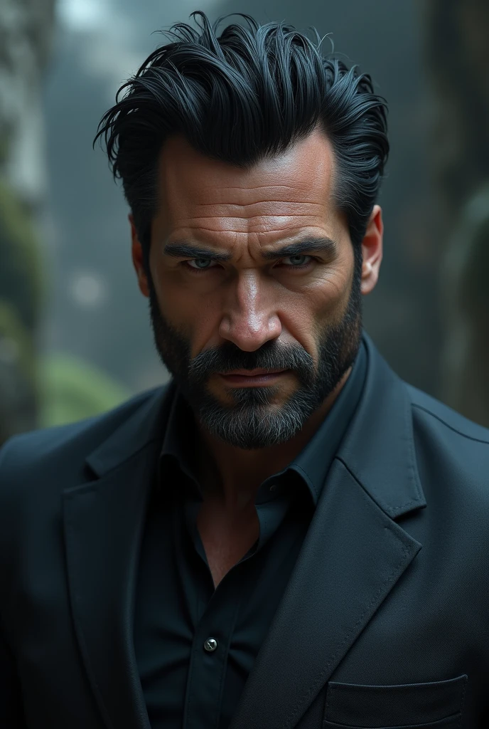(best quality), 1boy, mature male, sirius black, tanned skin, black hair, wavy hair, medium hair, golden eyes, perfect eyes, strong jawline, stubble, black coat, hairy, scar across eye, broad, muscular, rugged, serious expression, masterpiece, anatomically correct, highres