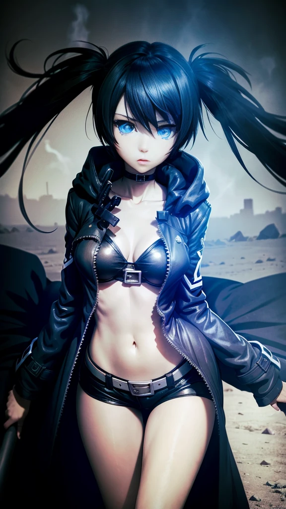 Black Rock Shooter, Trench Coat, Shirt, Blue Eyes, Hotpants, 