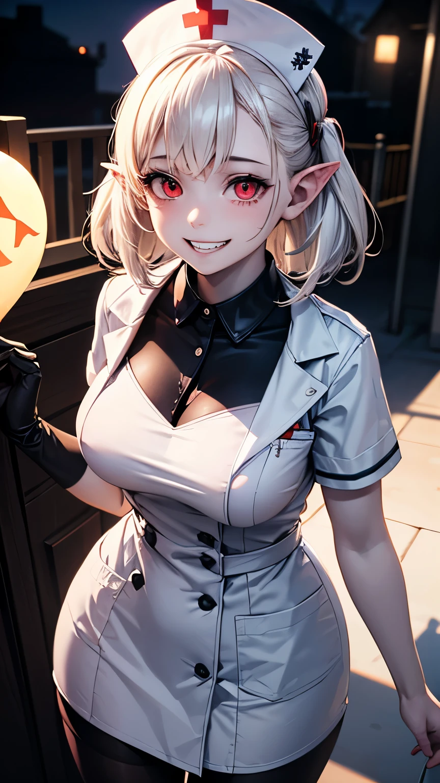  1 girl ,  high definition , masterpiece,  anatomically correct,  Receives Many Awards ,  top quality,  very detailed ,  pure white hair,Transparent Hair,chest,  Hide Ears ,((( pale skin))),Grin, Glowing red eyes,  nurse cap , Nurse uniform,(((Ghost Girl))), 8k octane , Artistic,  super detailed, night, Hide Ears ,  low angle,look down,