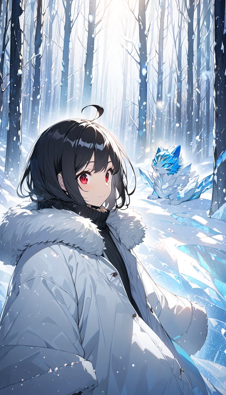 upper body, 1 girl, solo, slight smile, red eyes, black hair, ahoge, bob cat, big eyes, black turtleneck sweater, open coat, shiny clothes of silver fur-trimmed coat, jeans, snowscape, winter, light rays, forest of ice, glint, snowing, snow forest background, spotlights, fine detail, anime, illustrated, anime, illustration, masterpiece, best quality, detailed, fast shutter speed, 2d anime, best hands