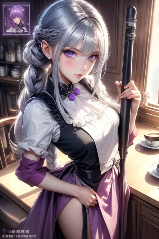 (from above:1.2,Best Quality),a girl , kimono uniform,silver color hair,Purplish  blue eyes that dreamers desire, small stature, medium tits , Lori face, (masutepiece:1.2, Best Quality), (finely detailed beautiful eye: 1.2), (beautifull detailed face), (perky chest:1.2), (pointed chest:1.1), (cafe magazine cover:1.5)，(Best Illumination, extremely delicate and beautiful), sexy pose,make a coffee , in a kitchen counter, morning light,  A serious anime girl with long, braided white hair and intense violet eyes, dressed in a dark silver and black suit with sharp, angular armor plating. She’s standing with one hand on her hip, her other hand resting on a futuristic weapon holstered at her side. White background. straight to camera pose. looking straight into camera.