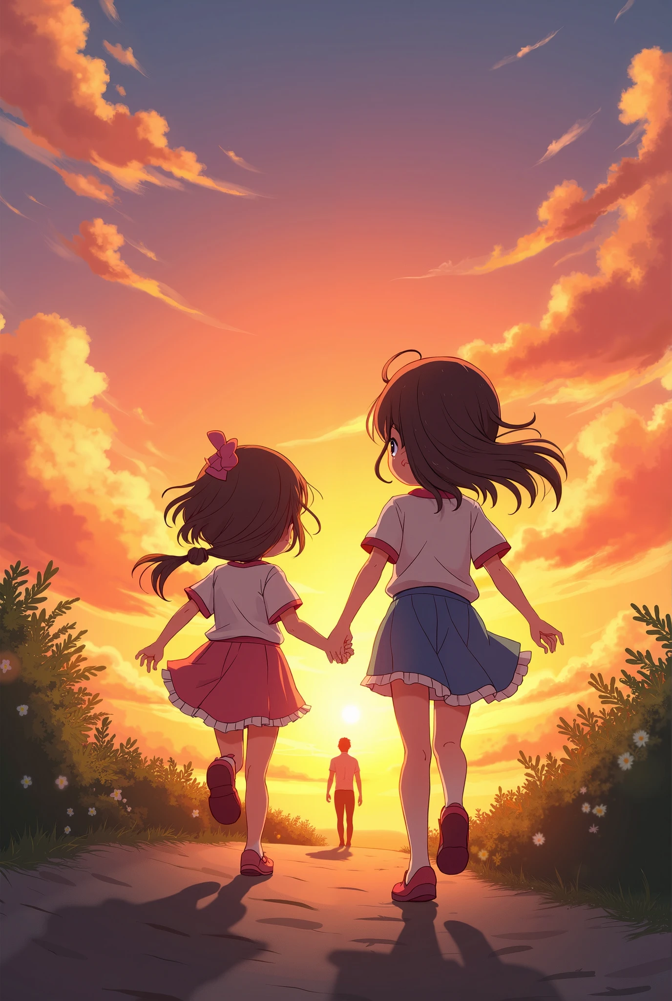 Many children, Children playing in a beautiful park, sunset, Surrounded by flowers, spring.  Red Cross, High resolution, Super sharp, 8k, masterpiece、White panties are visible、