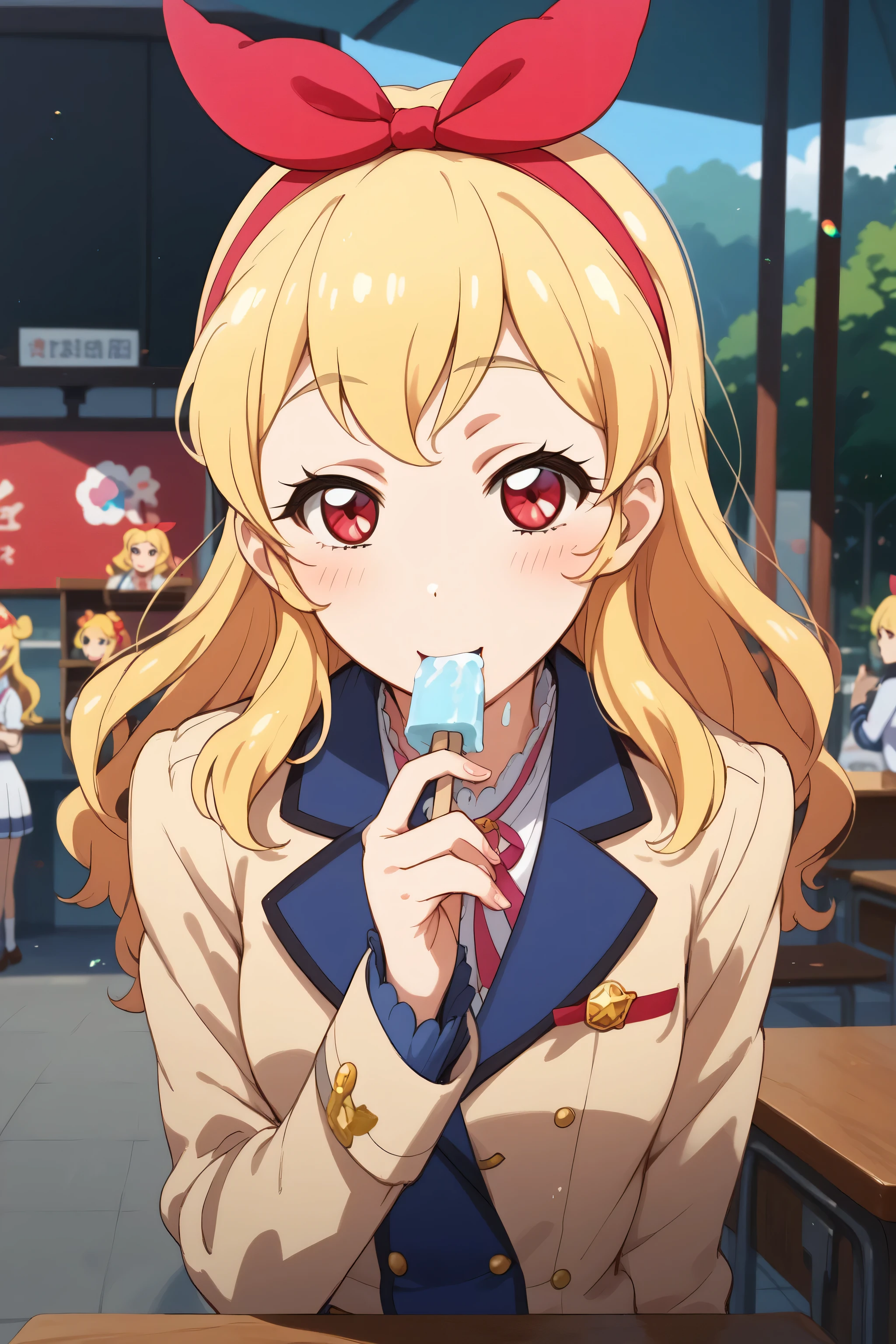 Anime character is licking a popsicle. 1 girl, solo, long hair, ice candy, Ichigo Hoshimiya, food, hair ornament, hair ribbon, school uniform, jacket, upper body, blonde,Ichigo Hoshimiya (Aikatsu!),red eyes