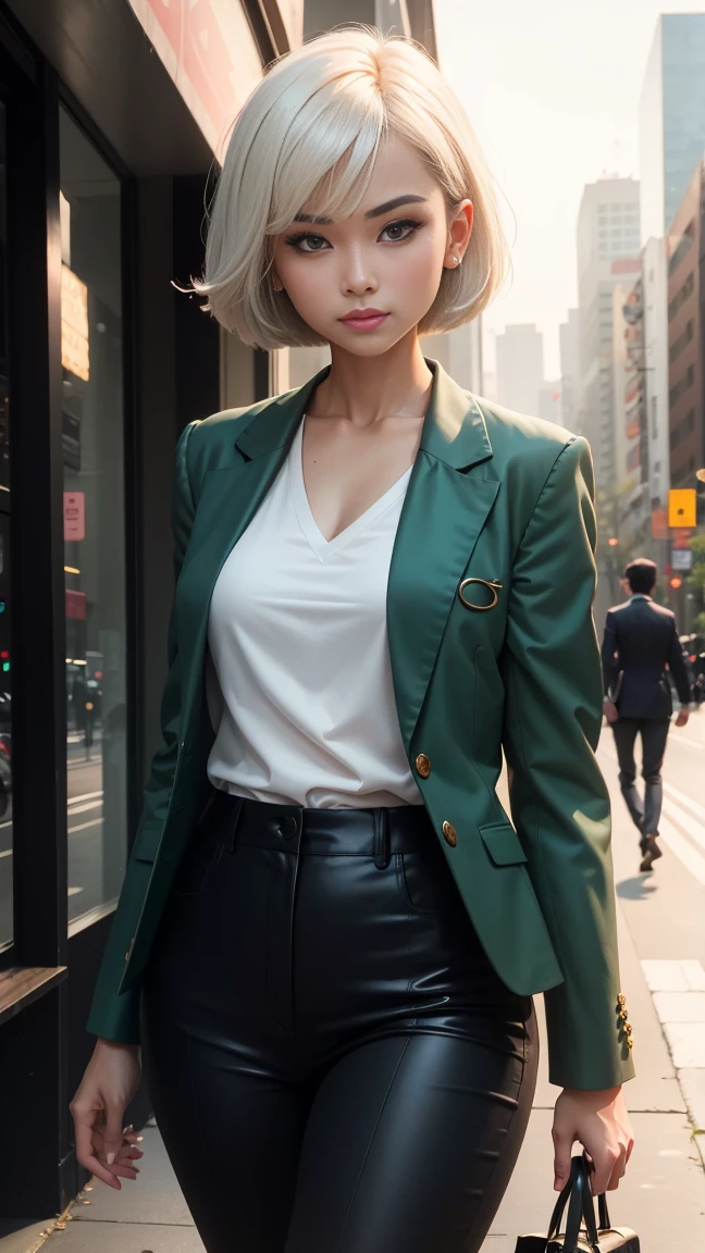 Malay girl wear Half Button Rib Knit Tee with green jacket and High Waist Plicated Detail Suit Pants, short white hair, bob haircut with bangs, walking in city street, catwalk, confident walk, carrying handbag, windy, elegance, front view, detail skin, detail skin texture, beautiful malay face, pastel color outfit, small breast, wide hip, wide waist, thick thighs, slim abs, beautiful body, evening, sunset, sun light enhance dramatic mood, arrogant smile, professional cinematic lighting, blur background, bokeh, realistic, ultra detail, high quality,