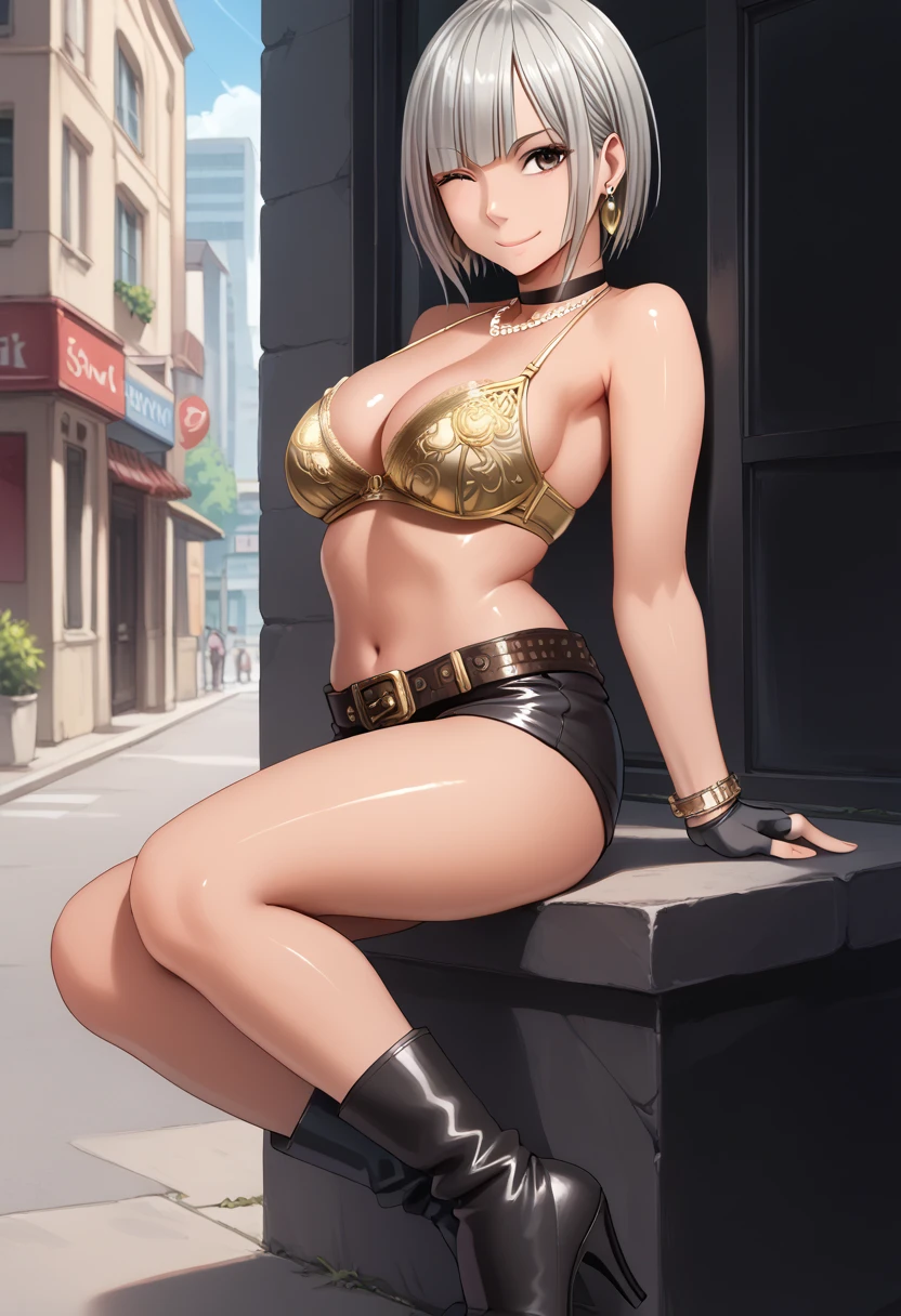 BREAK 1girl, Arisa izumi white skin ,shiny skin,( Big Breasts :1.5), earrings for a woman alone, ( Silver Hair,  short hair to be shouldered,Hair on one eye), Brown Eyes ,  Necklaces , choker, Gold Bra,  Black Gloves , Fingerless gloves, belt,  Black Shorts ,  black boots,  high heels,smile,sexy pose,outdoor,